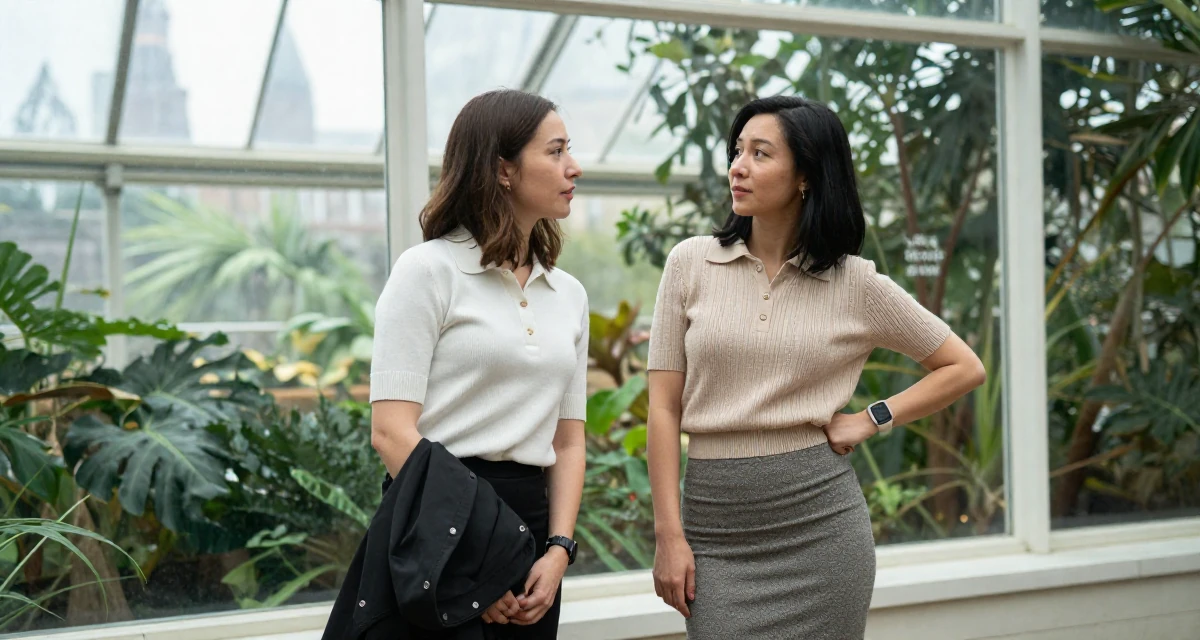 A relaxed and observant Female Former street-dance trainee, now offering choreography-based fan content in their 49, celebrating female friendship and support, wearing a knitted polo shirt tucked into a midi skirt, putting on a jacket in a botanical greenhouse.