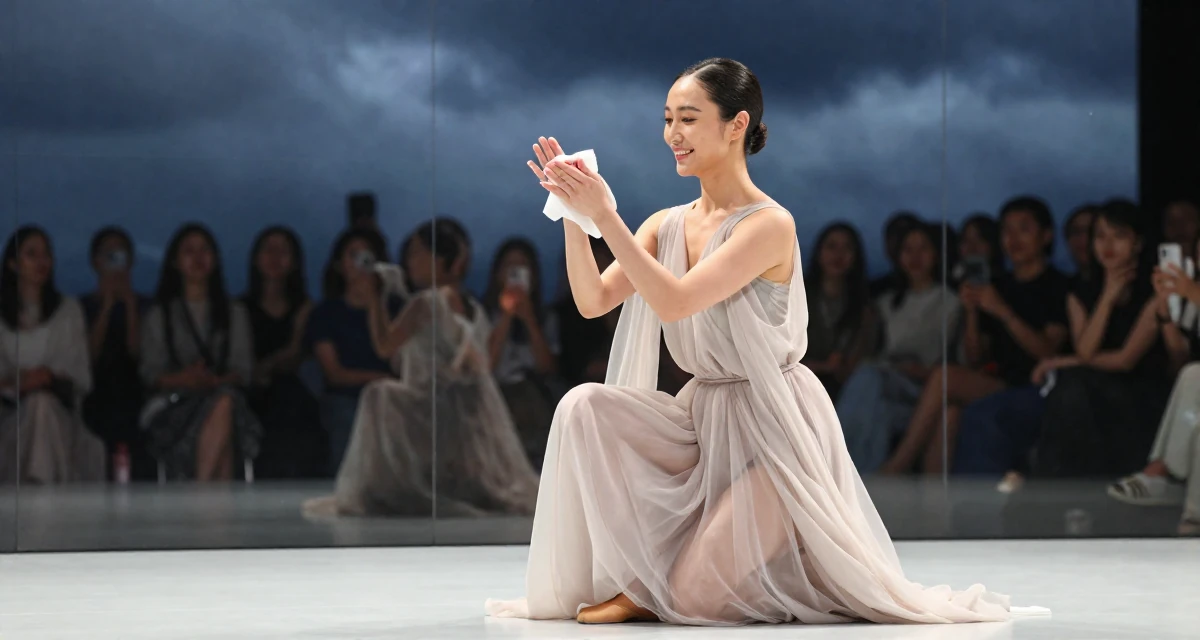 A friendly and approachable Female From Hong Kong, trained in contemporary dance and visual expression in their 33, exploring luxury travel and fine living, wearing a ethereal spirit dress made of flowing sheer chiffon, wiping hands in a fashion runway.
