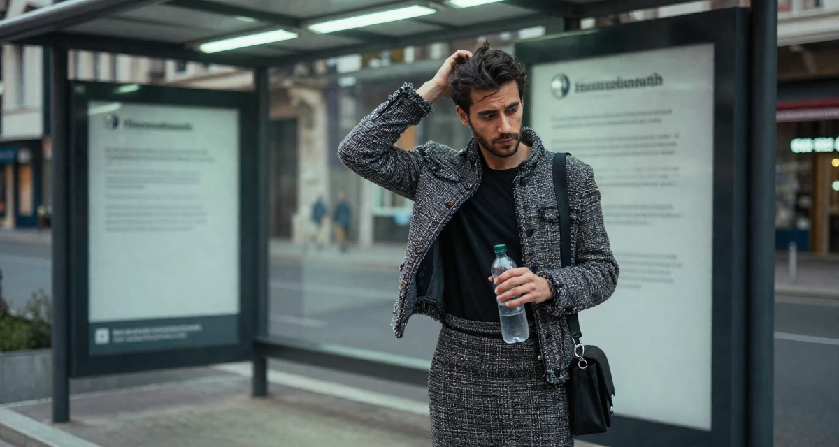 A intense and captivating male From Thessaloniki Greece, majored in international economics in their 26, learning to endure hate comments quietly, wearing a tweed mini skirt and a matching jacket, holding a water bottle in a bus stop.