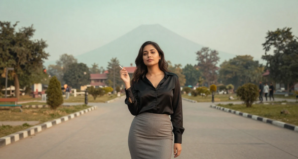 A composed Female Born in Nepal, studied urban planning in their 24, building a flirty persona fans instantly recognize, wearing a black silk blouse slightly unbuttoned and a grey skirt, holding a cigarette (lit or unlit) in a quiet park.
