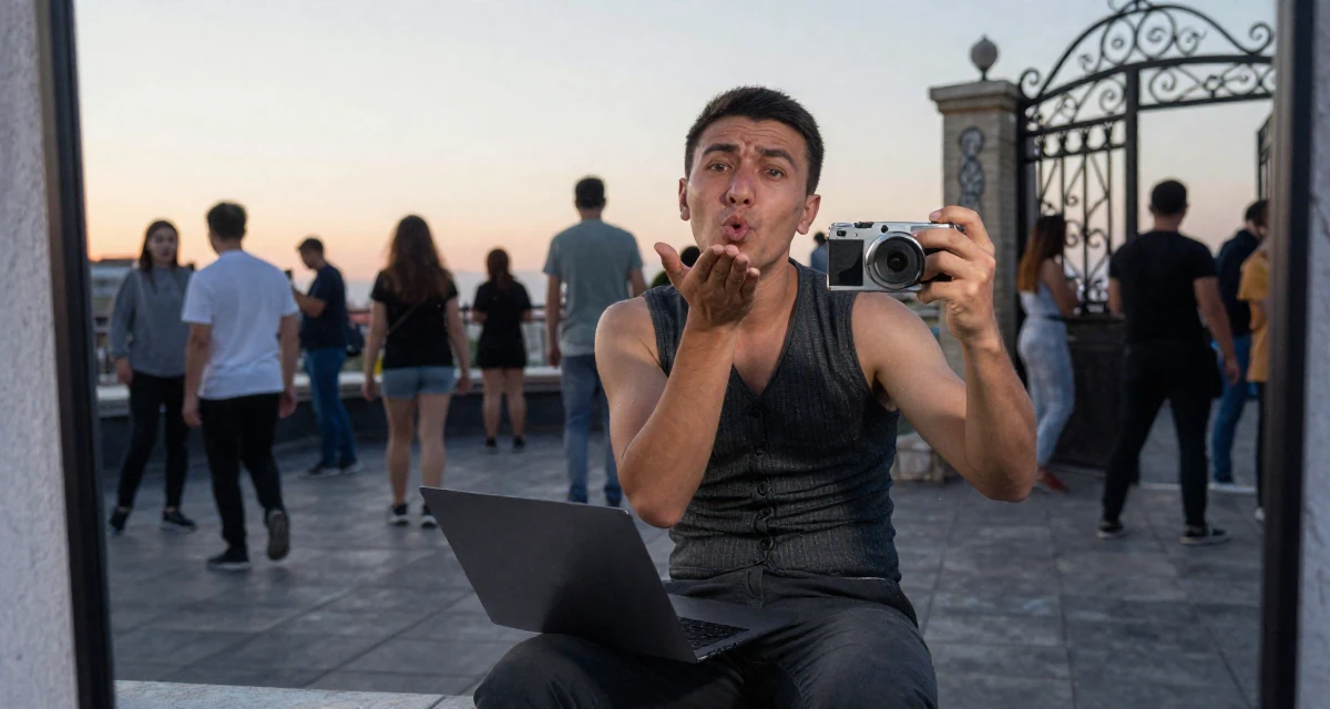 A stunned male From Kyrgyzstan, majored in public health in their 30, carrying the weight of years of hustling online, wearing a fitted vest top worn without a shirt underneath and slacks, blowing a kiss in a rooftop terrace at sunset.