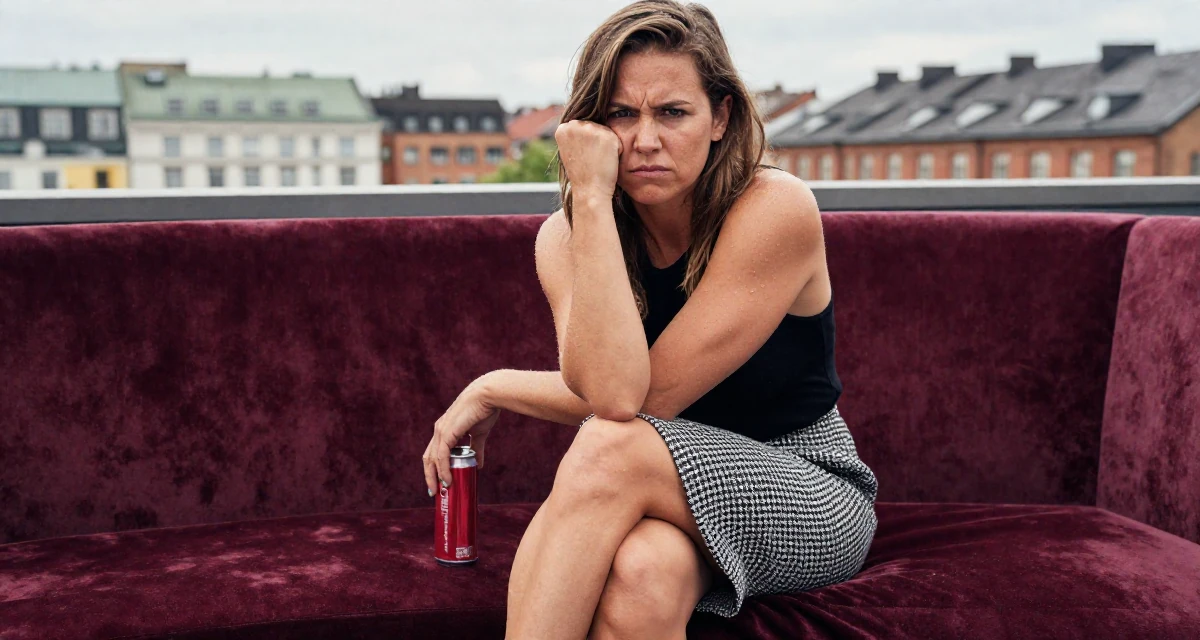 A proud Female From Denmark, majored in furniture design in their 29, carrying invisible pressure to stay relevant, wearing a houndstooth pattern skirt and black top, holding a beverage can in a rooftop terrace.