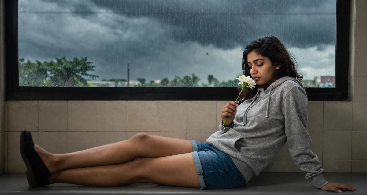 A solemn but kind Female From India, based in Bangalore, graduated from a technical institute majoring in information systems in their 21, hiding insecurity behind a perfect makeup look, wearing a casual hoodie and denim shorts, holding a flower in a subway platform.