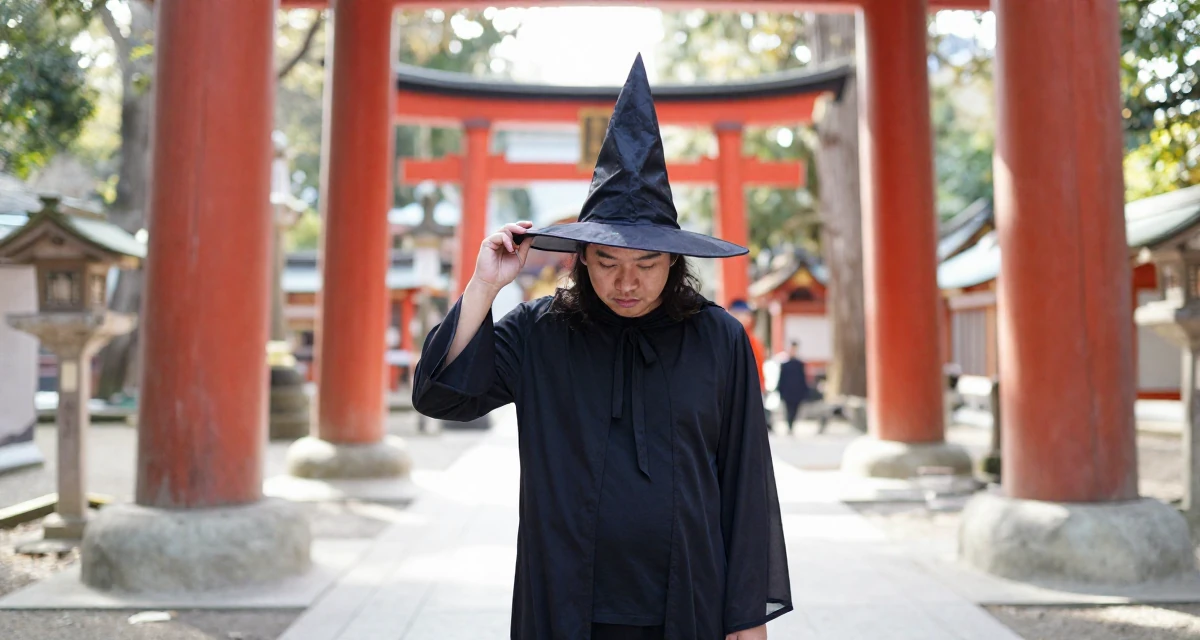 A content male From Jakarta Indonesia, developed body-positive messaging through community work in their 22, facing uncertainty about future stability, wearing a classic witch costume with a wide-brimmed hat, looking down at the ground shyly in a Japanese Shinto shrine.