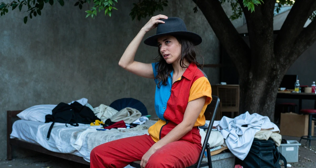 A wild Female From Buenos Aires Argentina, holds a degree in dance studies in their 29, navigating the fear of stagnation in a saturated market, wearing a bold color-block outfit, tipping a hat in a photo studio.