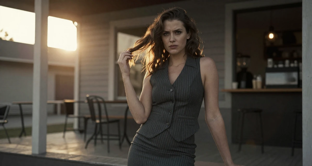 A defiant Female Previously a paramedic trainee, now focusing on fitness and resilience content in their 25, adjusting to newfound independence, wearing a pinstripe pencil skirt and a matching vest top, twirling a lock of hair in a front porch.