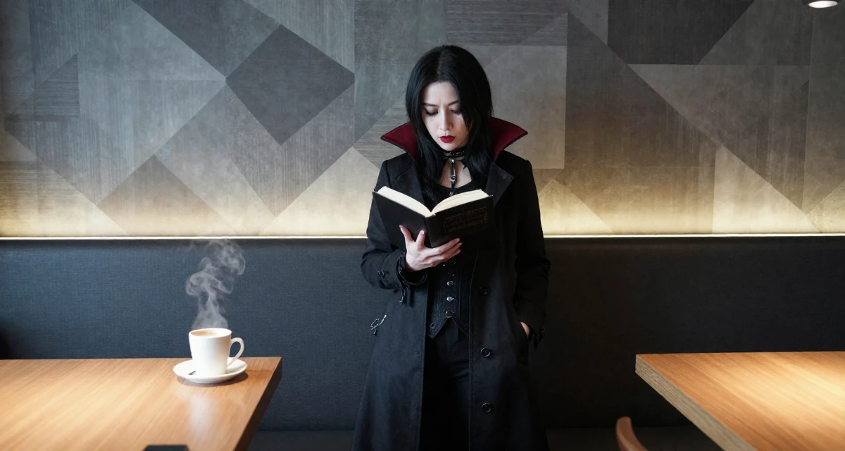 A victorious Female From Taiwan, based in Taichung, graduated from an arts academy majoring in visual storytelling in their 28, dealing with fatigue from years of online performance, wearing a gothic vampire hunter outfit with a long coat, reading a book intently in a restaurant booth.