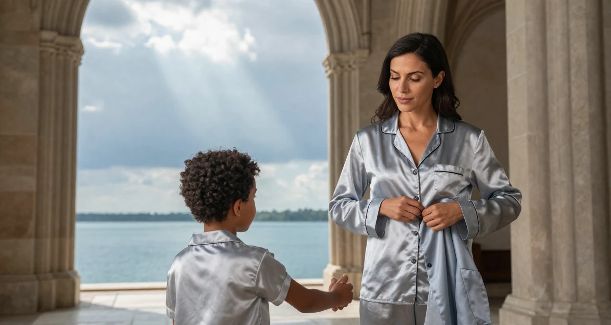 A calm and confident Female Born in Haiti, majored in international relations in their 45, helping kids apply for college and empty nesting, wearing a satin pajamas set with the top unbuttoned, buttoning a jacket in a gothic cathedral interior.