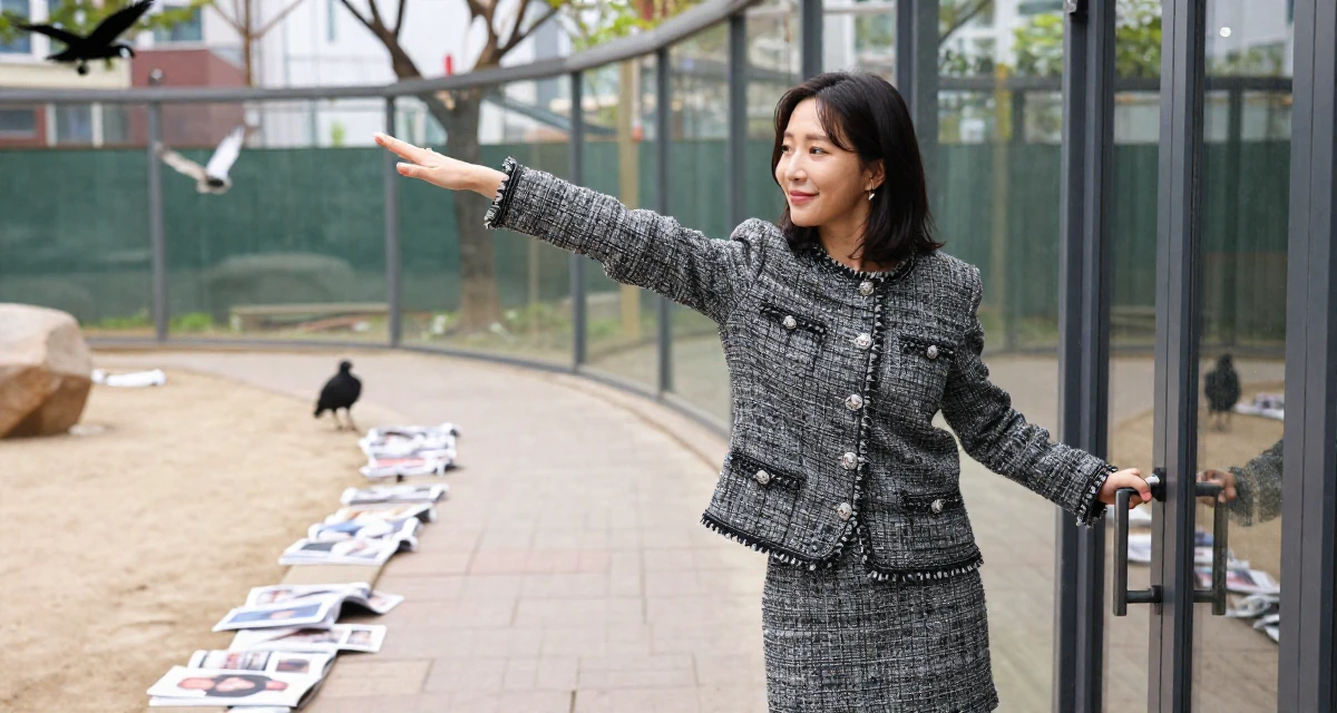 A smiling gently Female From Seoul South Korea, studied K-style beauty and content editing in their 28, investing in high-quality lifestyle upgrades, wearing a classic chanel style tweed suit, opening a door in a zoo enclosure path.