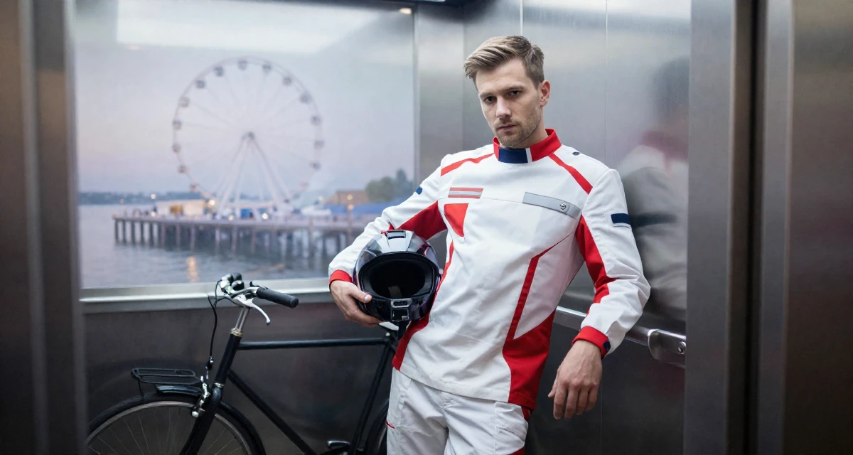 A solemn male From Berlin Germany, holds a degree in media engineering in their 25, learning to flirt through camera presence alone, wearing a futuristic medic uniform with white and red details, holding a helmet in a elevator hall.