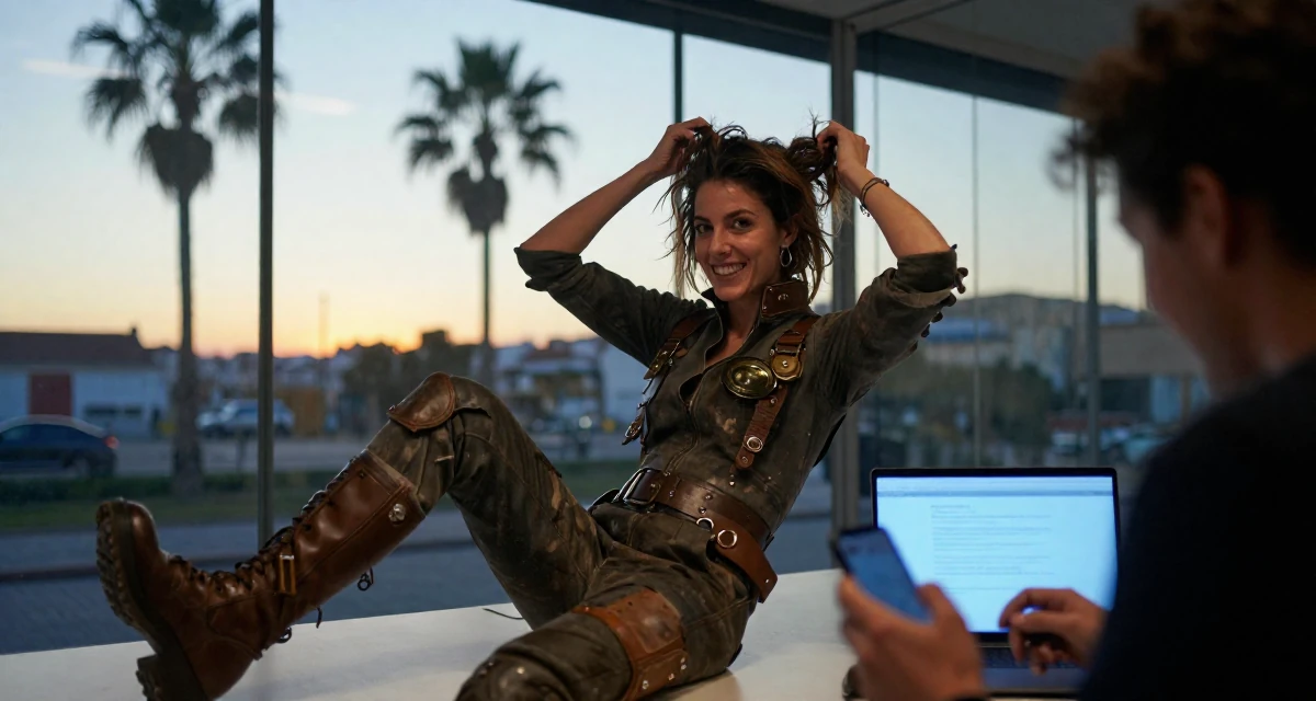A spirited Female From Madrid Spain, studied sensual dance and camera presence in their 43, mentoring young professionals in the field, wearing a steampunk mechanic jumpsuit with grease stains, messing up hair playfully in a glass-walled conference room.