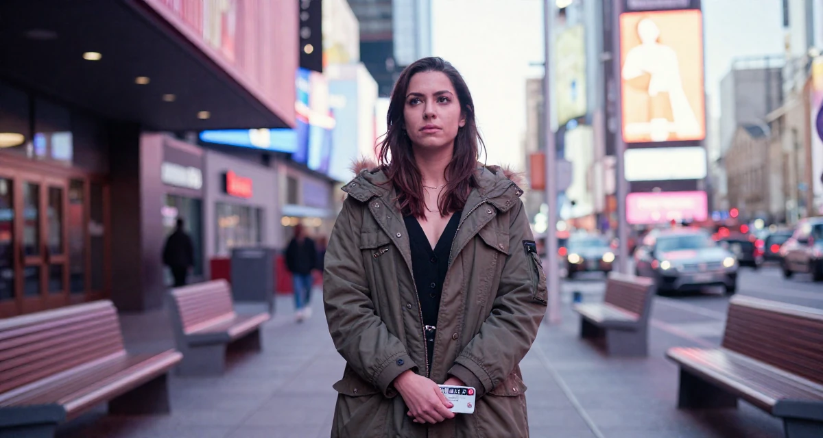 A wistful Female From the United States, based in Miami, graduated from a creative institute majoring in seductive branding in their 49, creating content about cultural heritage, wearing a stylish parka jacket, holding a subway card in a cinema lobby.