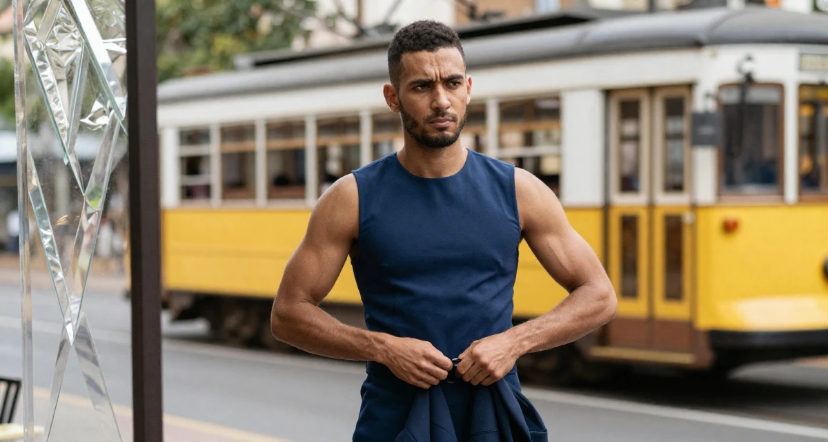 A cynical male From Johannesburg South Africa, explored fitness lifestyle content in their 25, learning to deal with unsolicited feedback online, wearing a fitted sleeveless shift dress with a belt, buttoning up a jacket in a wedding venue.