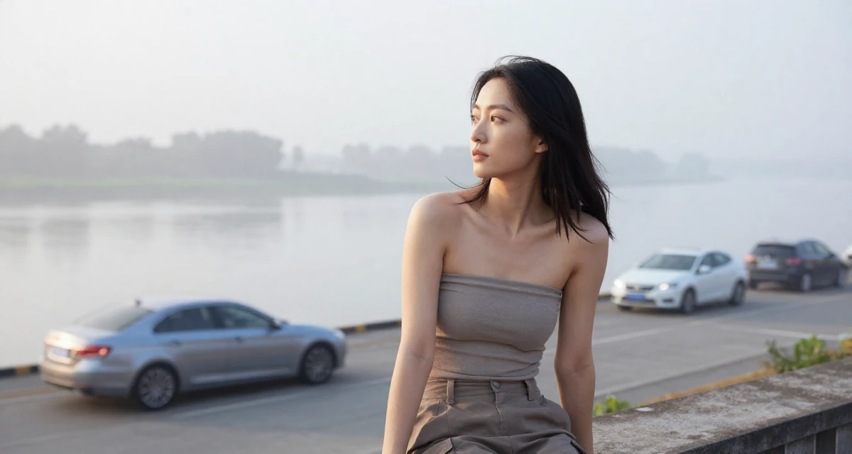 A relaxed and observant Female From Chinese-speaking regions, studied petroleum economics in their 25, thinking about long-term investments, wearing a strapless tube top and cargo pants, taking a photo in a foggy harbor.