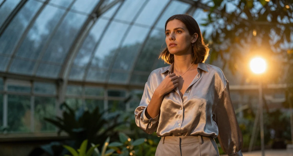 A determined Female From Australia, majored in e-commerce in their 27, focusing on long-term wealth building, wearing a silk blouse with oversized cuffs, touching a necklace in a botanical greenhouse.