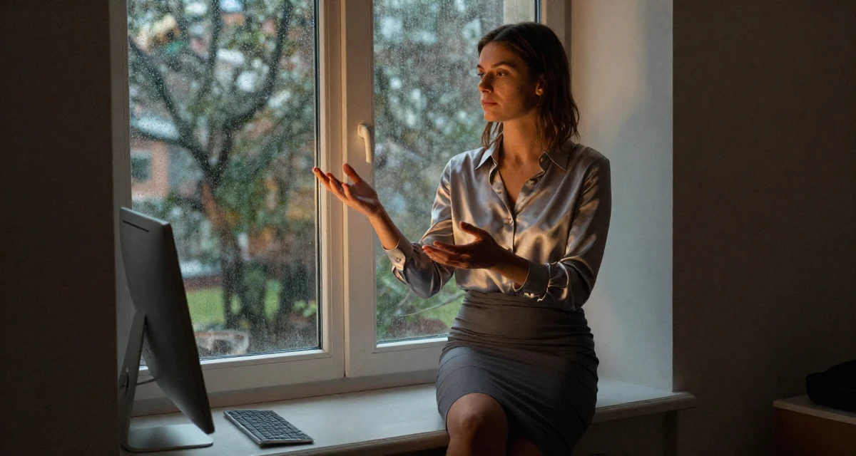 A mellow Female Raised in Sweden, studied creative technology in their 23, juggling low-paying jobs while squeezing time for content, wearing a tight pencil skirt and a tucked-in silk blouse, clasping hands together in a rainy window seat.