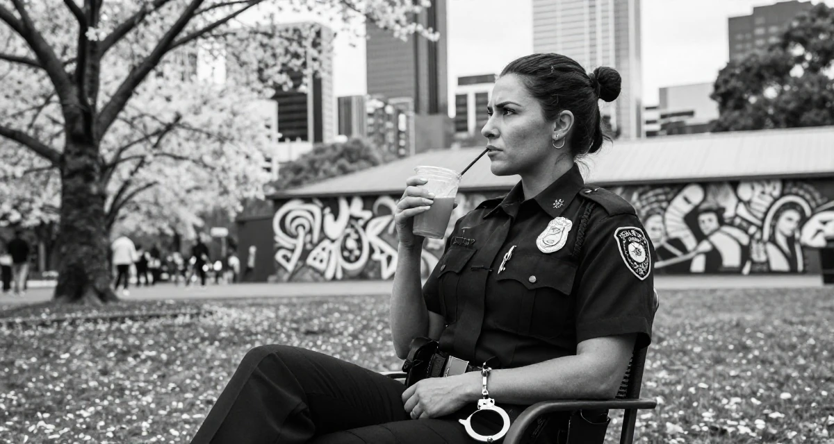 A puzzled Female From Brisbane Australia, learned fitness coaching and transformation storytelling in their 24, curating an elegant–sexy creator identity, wearing a police officer uniform with a badge and handcuffs, holding a cold drink in a cherry blossom park.