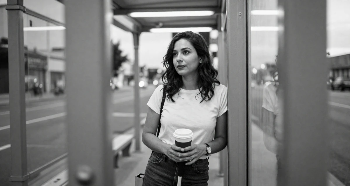 A empowered Female From USA, studied screenwriting in Los Angeles in their 22, facing creative blocks during busy weeks, wearing a minimalist everyday clothing, holding a coffee cup with both hands in a bus stop.