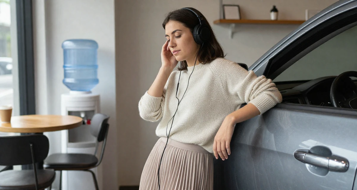 A tranquil Female From Houston USA, majored in psychology in their 23, managing early burnout from overcommitment, wearing a soft cashmere sweater and a pleated midi skirt, listening to music with headphones in a cozy café.