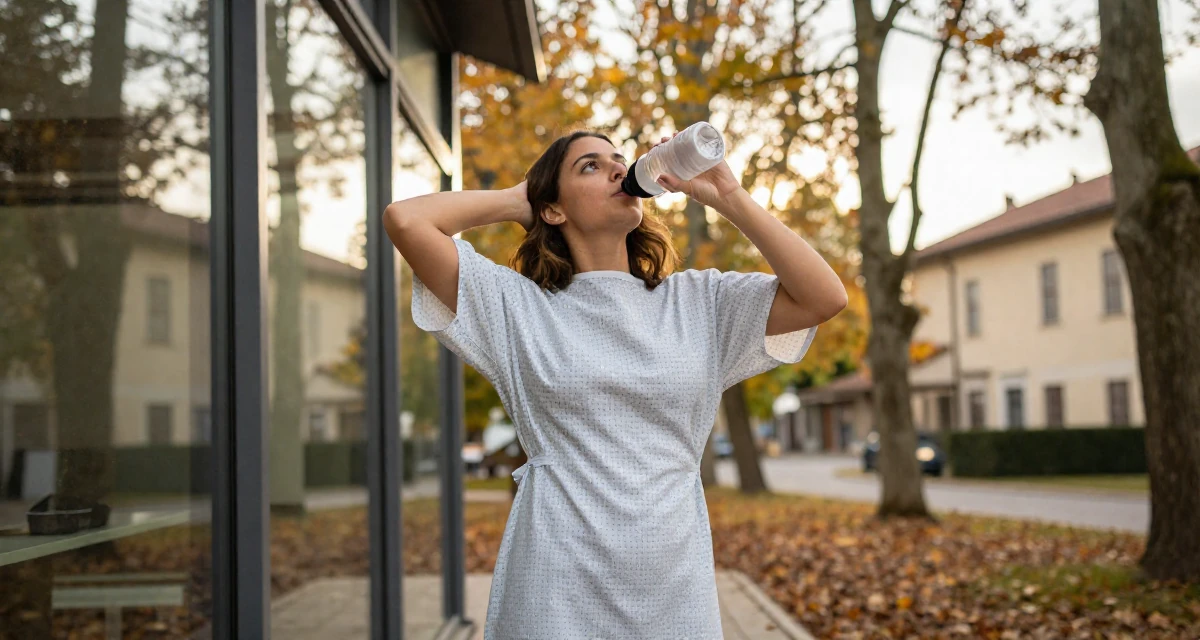 A reflective Female From Italy, studied restoration of cultural heritage in their 20, working a chaotic part-time job, wearing a hospital patient gown tailored to be form-fitting, drinking from a water bottle in a autumn forest.