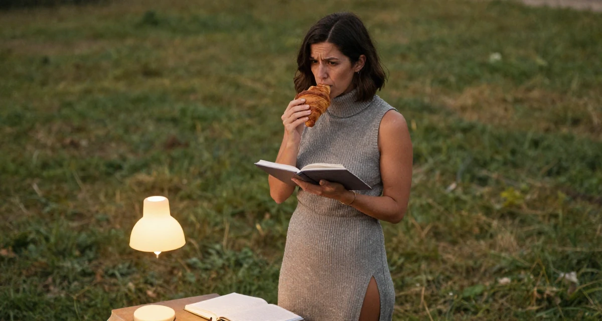 A suspicious Female From Barcelona Spain, majored in audiovisual production in their 48, documenting the process of writing a memoir, wearing a sleeveless turtleneck dress with high side slits, eating a croissant in a grassy field.