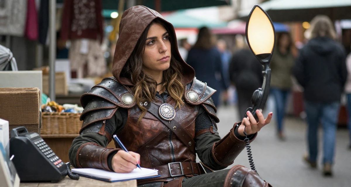 A wistful Female From Córdoba Argentina, studied biomedical engineering in their 35, juggling co-parenting and a dating life, wearing a fantasy rogue leather armor with a hood, writing in a notebook in a bustling market.