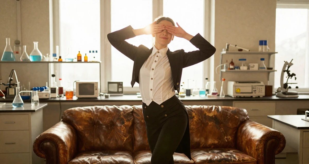 A gently amused Female Raised in Sweden, studied creative technology in their 28, saving aggressively for first home, wearing a circus ringmaster outfit with a tailcoat, covering eyes from the sun in a science lab.