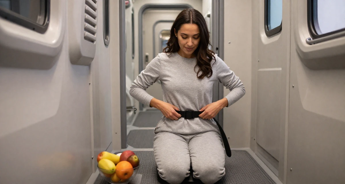A gentle Female From United States, majored in development economics in their 32, newly married and adjusting to shared finances, wearing a comfortable lounge wear set, adjusting a belt in a spaceship corridor.