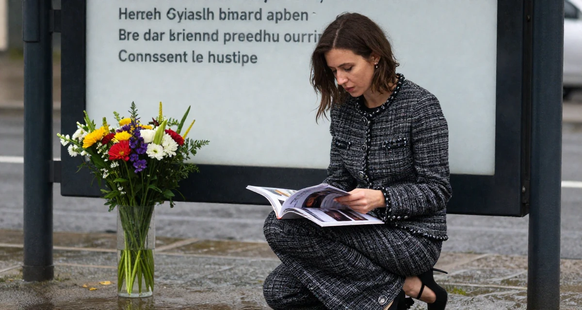 A romantic Female Born in Ukraine, majored in creative communication in their 30, weighing long-term health against constant digital hustle, wearing a classic chanel style tweed suit, flipping through a magazine in a bus stop in the rain.