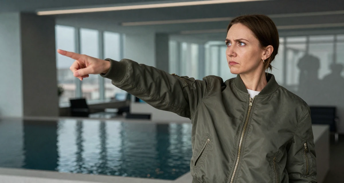 A sarcastic Female From Moscow Russia, majored in linguistics in their 32, focusing on health and longevity habits, wearing a classic bomber jacket style, pointing at something distant in a office break room.