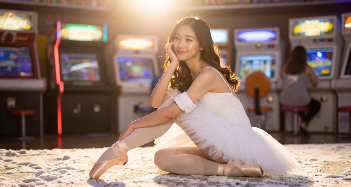 A blissful Female From Manila Philippines, learned stage presence from bar performance work in their 23, trying to collaborate with other creators for visibility, wearing a ballet tutu and satin pointe shoes, rolling up sleeves in a arcade room with neon lights.