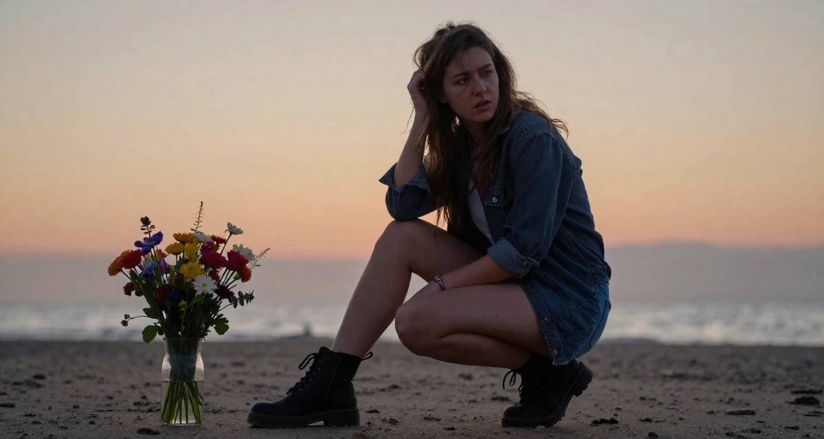 A distracted Female Former geography club member, now producing exploration-themed content in their 25, struggling to stay consistent during exams, wearing a edgy street style with boots, pausing mid-step in a sunset beach.