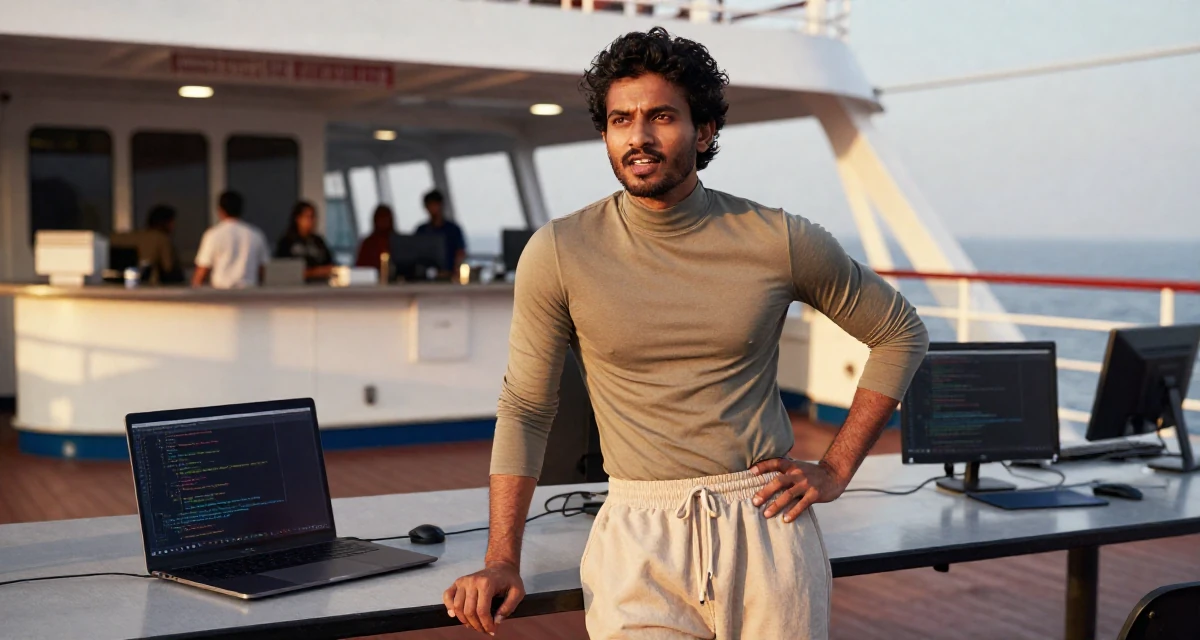 A passionate male From Sri Lanka, studied supply chain management in their 33, teaching coding and tech skills online, wearing a high-cut bodysuit paired with loose jogging bottoms, resting hands on a table in a ferry deck.
