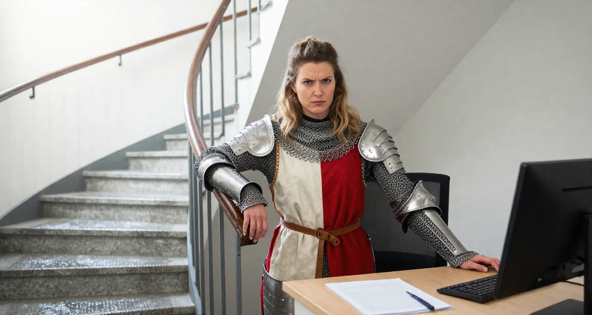 A defiant Female From Hungary, majored in economics in their 25, realizing no one teaches emotional labor in creator work, wearing a female knight armor with a tabard and chainmail, leaning on a railing in a winding staircase.