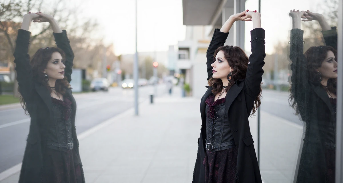 A dignified Female From Barcelona Spain, majored in audiovisual production in their 23, becoming skilled at angles that highlight confidence, wearing a gothic vampire hunter outfit with a long coat, looking at a reflection in a window in a zoo pathway.