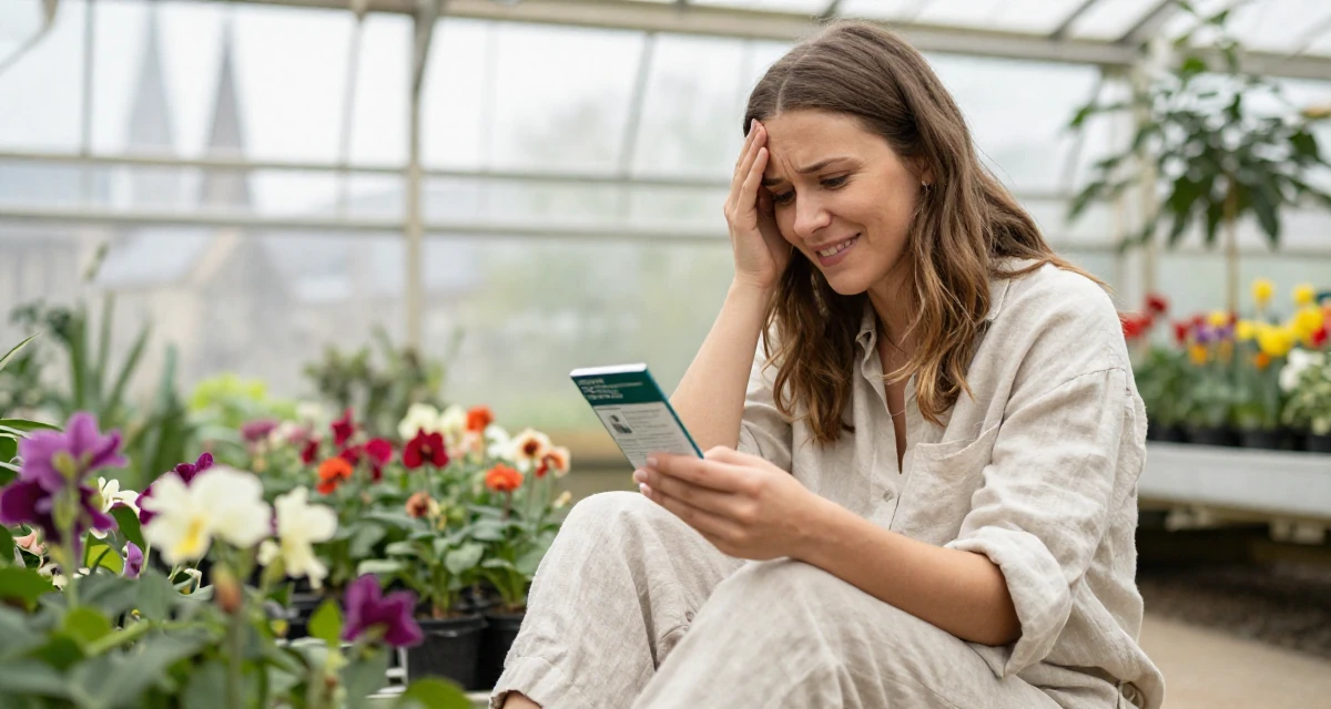 A optimistic Female Born in Norway, majored in consumer psychology in their 25, dealing with anxiety about first paying subscribers, wearing a loose-fitting linen trousers, examining a product in a greenhouse interior.