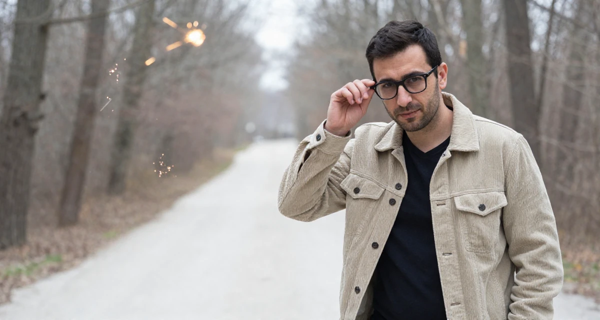 A confident male From Turkey, majored in mechatronics in their 34, ex-corporate lawyer turned yoga instructor, wearing a soft texture corduroy jacket, pushing glasses up the nose in a forest path.