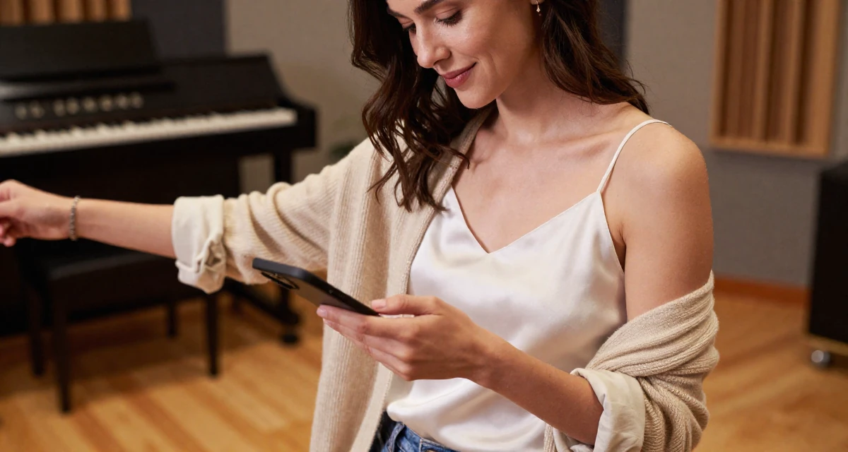 A satisfied Female Previously a stay-at-home mom, now monetizing relatable lifestyle content in their 20, spending too much time scrolling social media, wearing a white silk camisole and a beige cardigan, rolling up sleeves in a music studio.