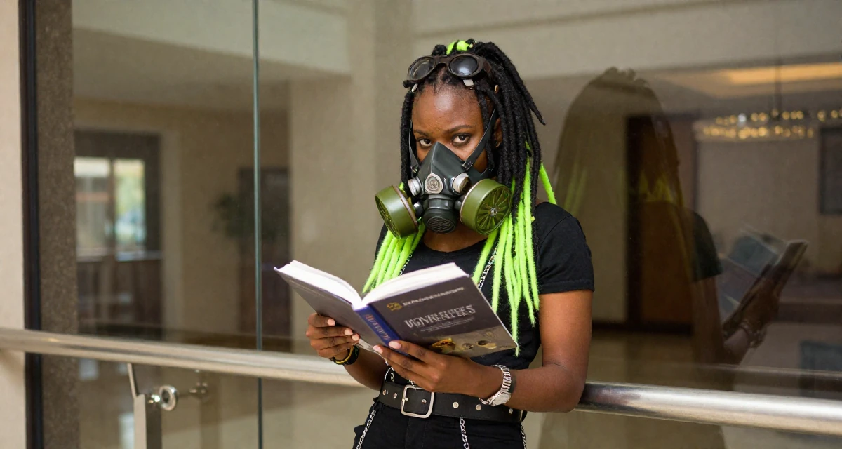 A rebellious Female From Ghana, majored in banking and finance in their 36, focusing on mental health and mindfulness, wearing a cyber-goth outfit with gas mask and neon dreads, reading a book intently in a hotel lobby.