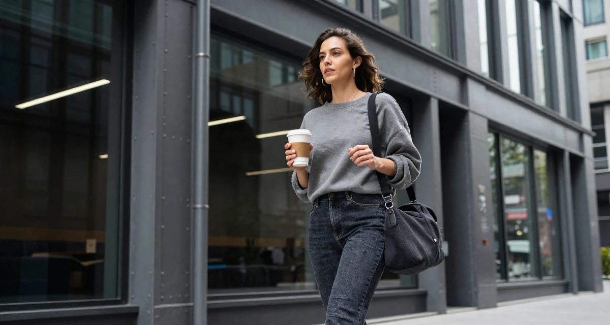 A content Female From Canada, based in Montreal, graduated from a design program majoring in intimate visual arts in their 38, reviewer of high-end tech products, wearing a relaxed streetwear, holding a cup of coffee in a high-rise office building.