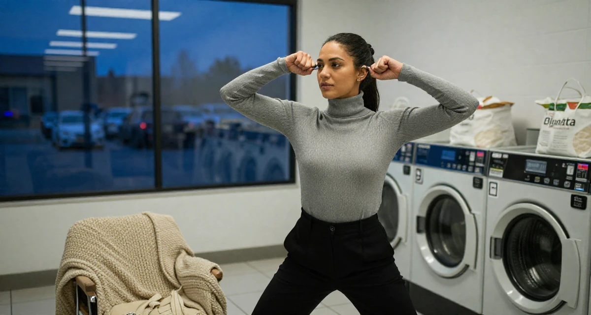 A determined Female Previous dental assistant, now exploring body-empowerment narratives in their 32, building a side hustle while working full-time, wearing a sophisticated turtleneck and trousers, looking through a bag in a laundromat.