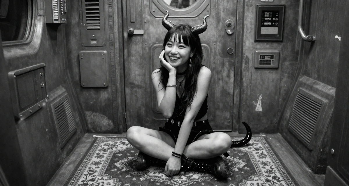 A cheerful Female From Chengdu China, self-taught photographer with nightlife roots in their 22, hit hard by the reality of entry-level wages, wearing a demon girl outfit with horns and a spiked tail, leaning head on a hand in a spaceship corridor.