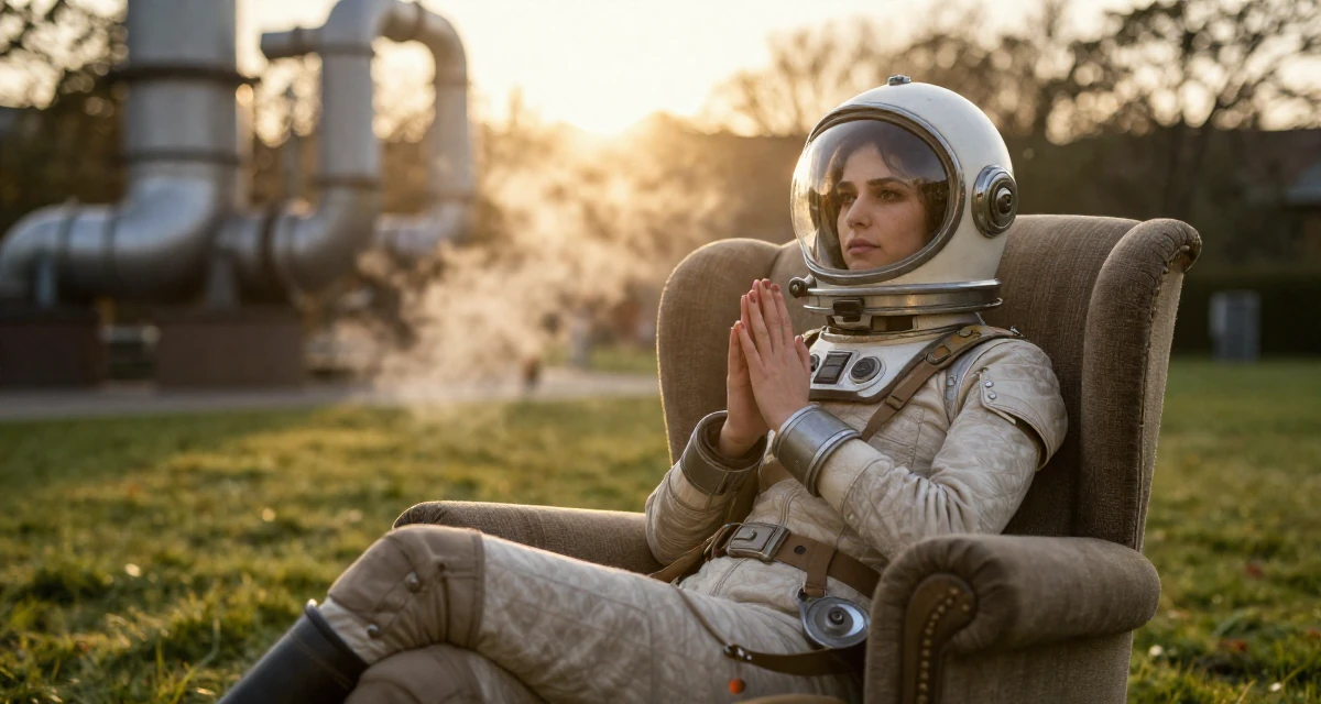 A fragile Female Grew up in Ireland, majored in digital marketing in their 20, creating content for a growing online audience, wearing a retro sci-fi space girl outfit with a bubble helmet, clasping hands together in a quiet park.