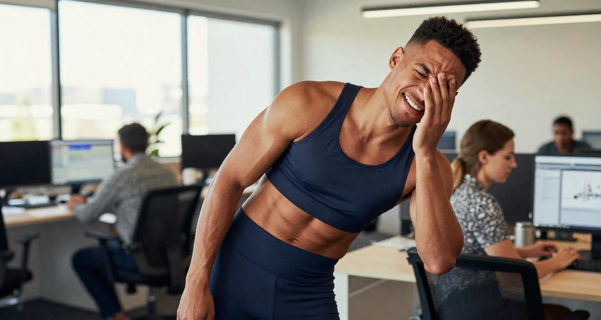 A quietly content male From Cape Town South Africa, studied film editing in their 23, masking anxiety behind playful posts, wearing a form-fitting athletic set with a sports bra and leggings, covering a laugh with one hand in a busy coworking space.