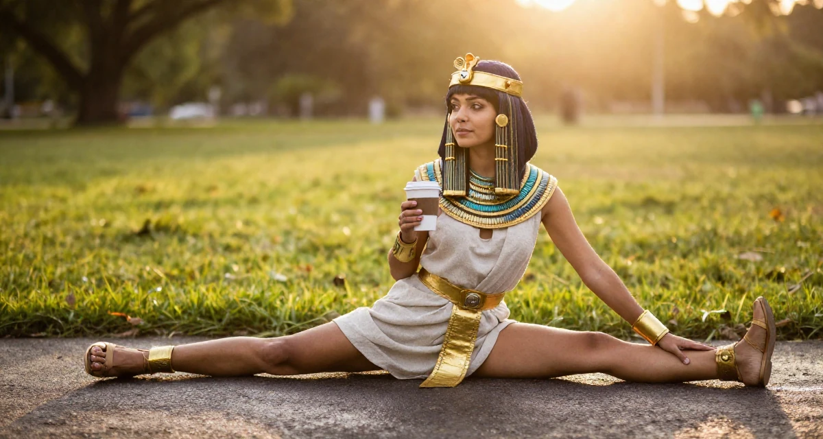 A quietly content Female From Brazil, majored in communication in their 22, experimenting with cosplay or themed shoots, wearing a egyptian queen costume with gold collar and linen, holding a cup of coffee in a grassy field.