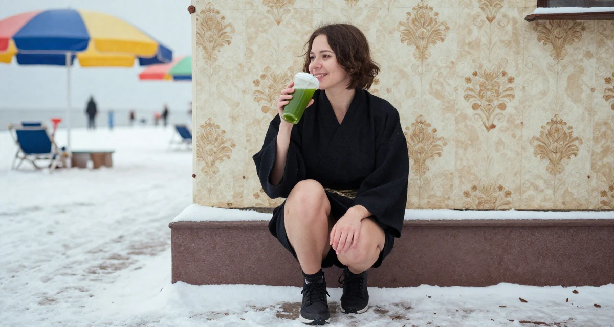 A hopeful Female From Saint Petersburg Russia, studied fine arts in their 24, wearing activewear and holding a green juice, wearing a shrine maiden outfit with a short hakama skirt, pausing mid-step in a snowy sidewalk.