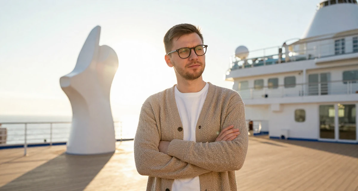 A gentle male From Moscow Russia, majored in linguistics in their 34, advocating for eco-friendly parenting, wearing a librarian outfit with glasses and a tight cardigan, shifting weight impatiently in a cruise ship deck.