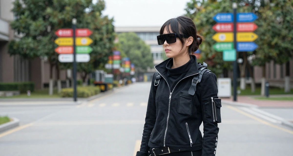 A unimpressed Female Former spa receptionist, now blending beauty with calm-aesthetic content in their 29, navigating the fear of stagnation in a saturated market, wearing a cyberpunk hacker outfit with oversized tech glasses, looking for something in a pocket in a university campus.