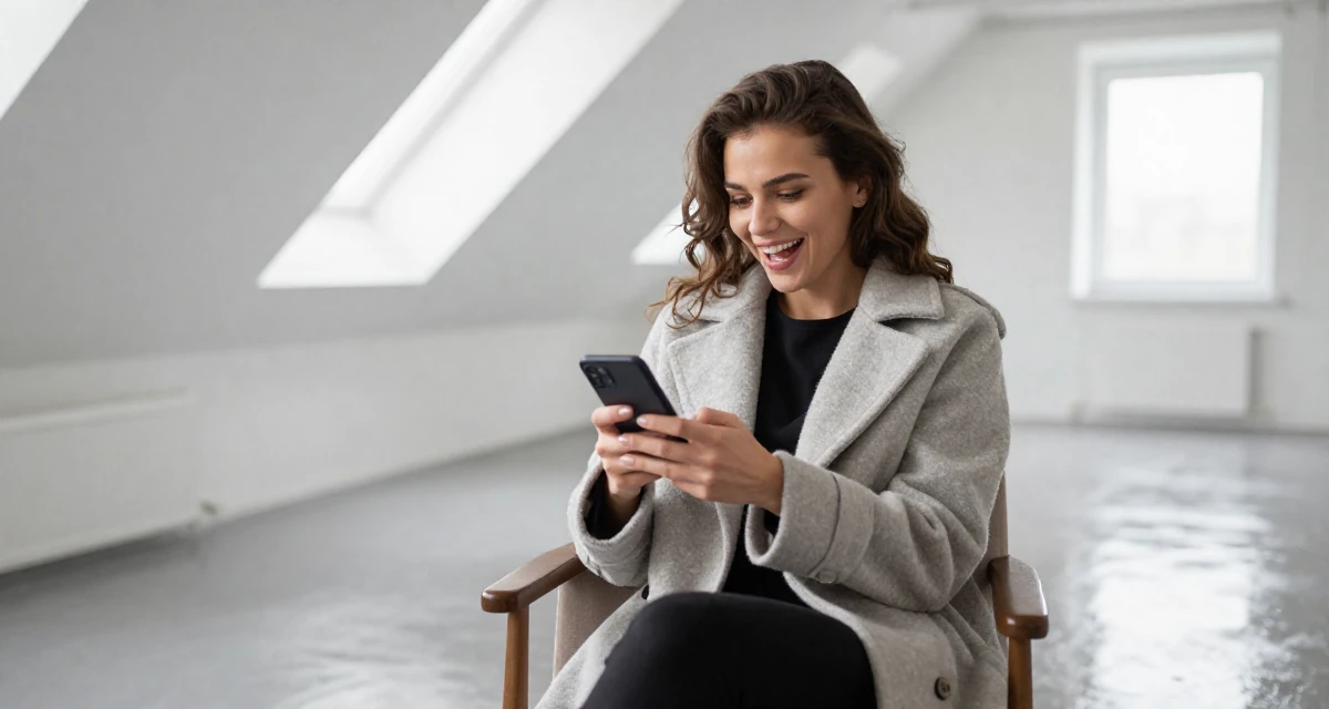A ecstatic Female From Ukraine, studied software engineering in their 23, using confidence as the core of seductive branding, wearing a elegant woolen coat styling, checking a phone in a attic room.