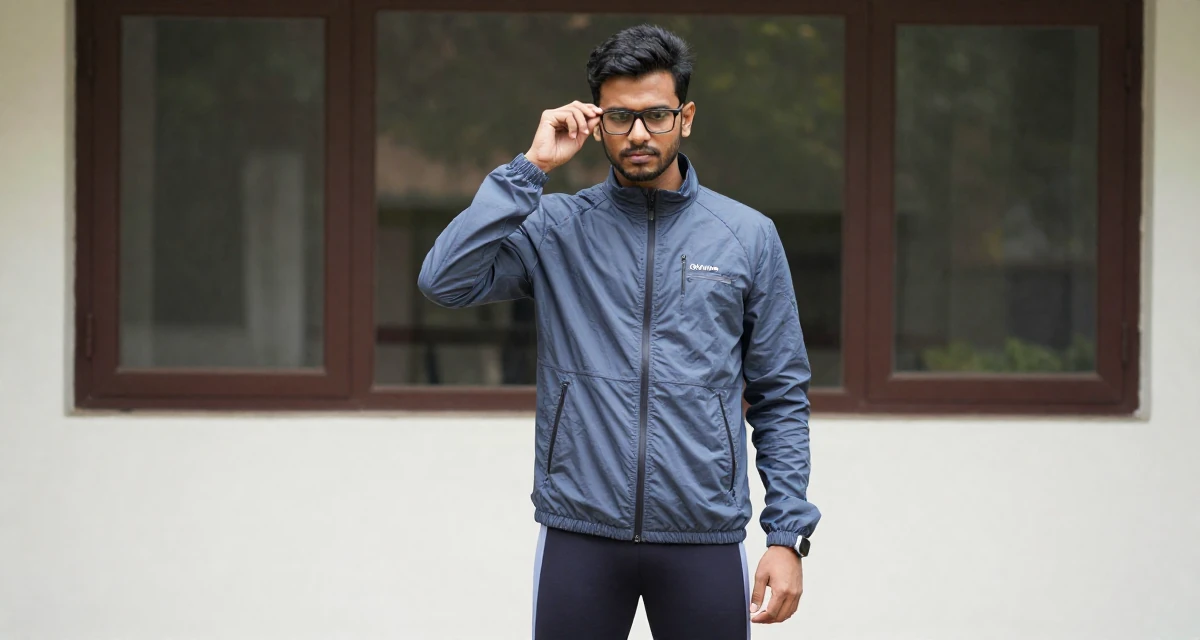 A soulful male From Bangalore India, holds a degree in software engineering in their 25, managing early financial independence, wearing a sporty windbreaker and leggings, pushing glasses up the nose in a university campus.